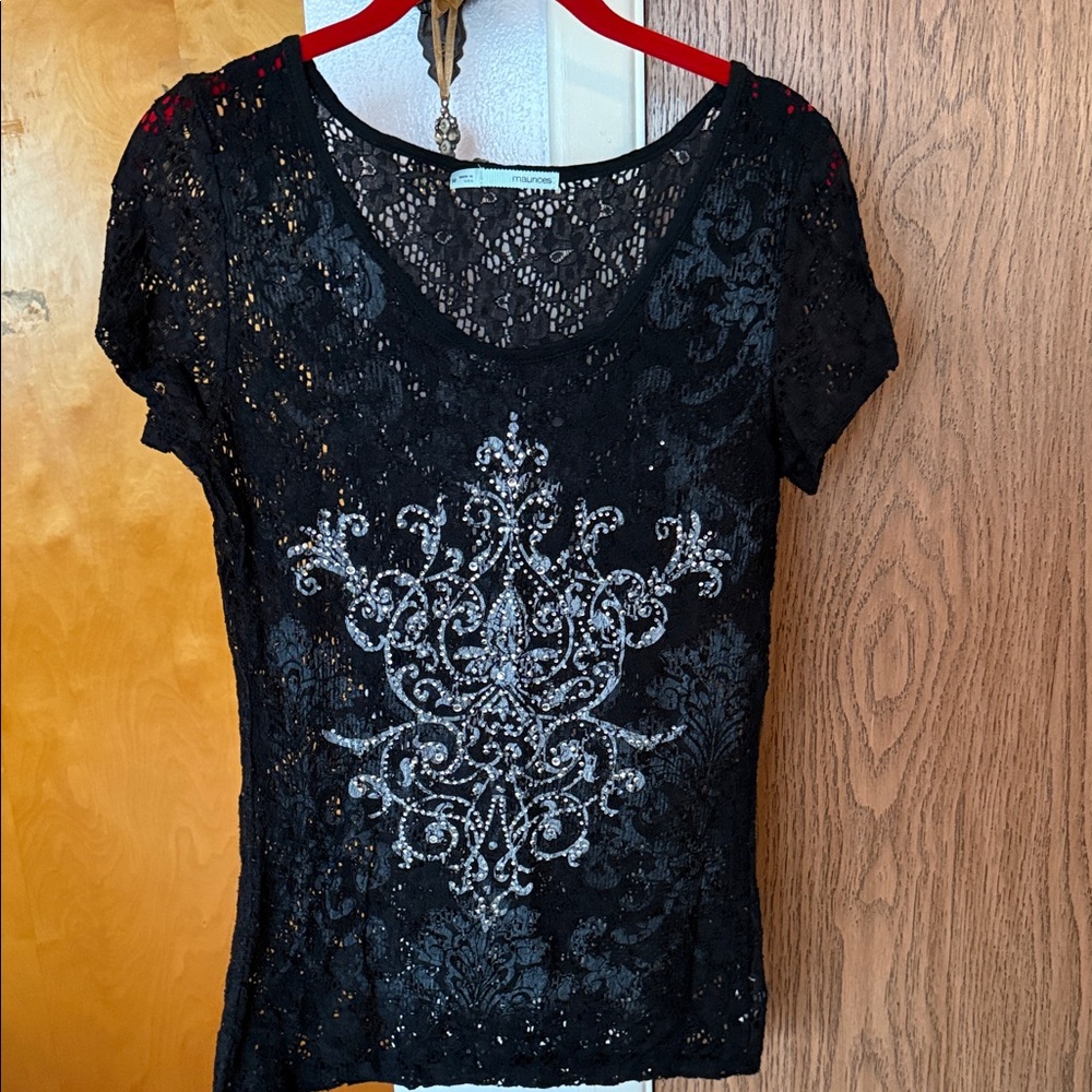 Maurices Black Lace Blouse with Silver Detailing